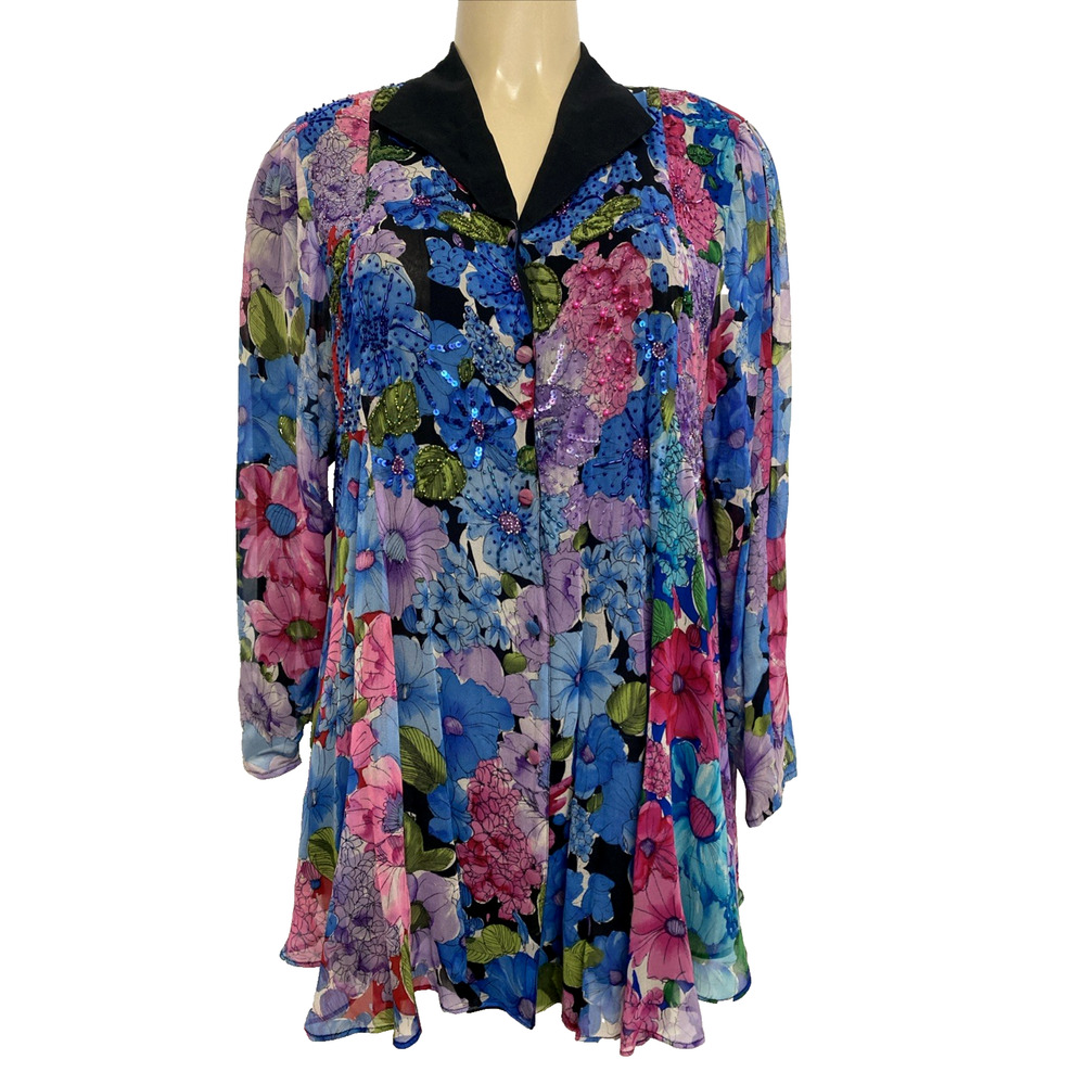 Diane Freis Top Blouse Shirt Silk Blue Floral Button Down Beaded Pink Blue XL